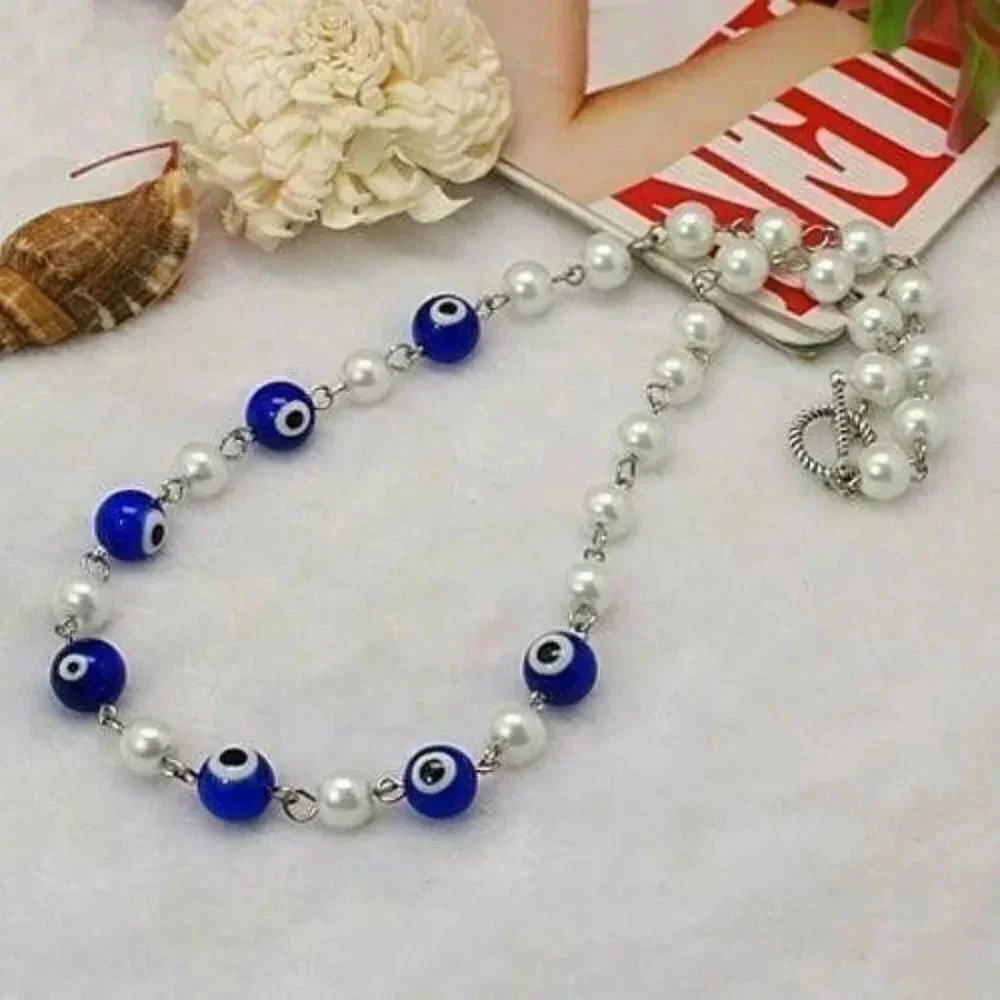 Handmade Turkish Evil Eye Bead Glass Pearl 18" Long Necklace with Toggle Clasp